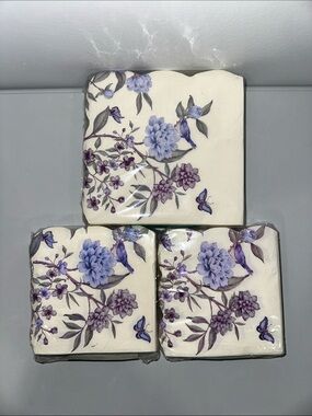 Martha Stewart Ivory Purple Floral Matching Square Cocktail Lunch Napkins 40 x 3